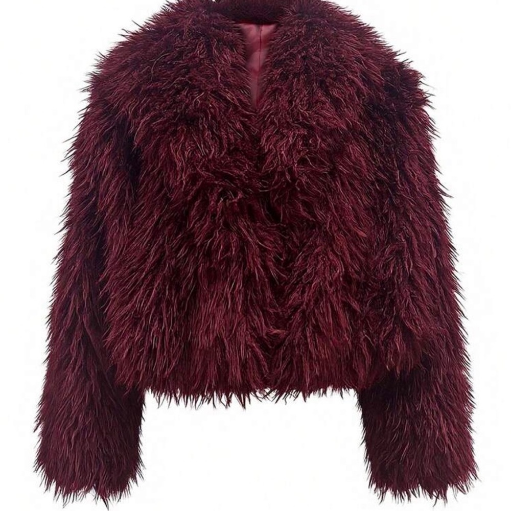 Dark Red Burgundy Mongolian Faux Fur Cropped Teddy Coat Fuzzy Jacket Small
